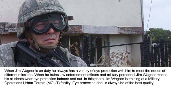 Wearing eye protection for different missions.