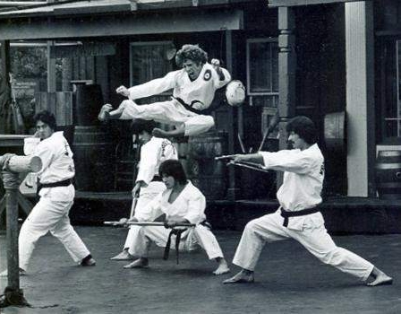 Terry L Wilson performing a flying side kick at Universal Studio's Martial Art Stunt Show!