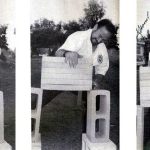 Olivier standing over a stack of 6 cement blocks. He is preparing to break only the last one on the stack.