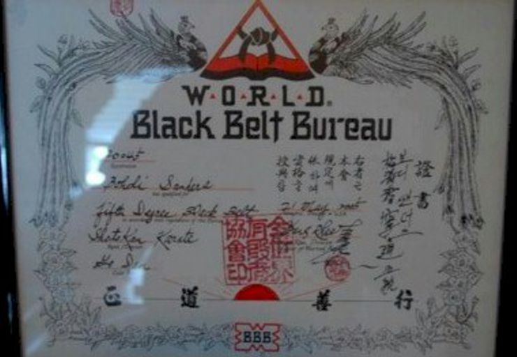 Bohdi Sanders 5th Degree World Black Belt Bureau certificate. Bohdi Sanders 5th Degree World Black Belt Bureau certificate.