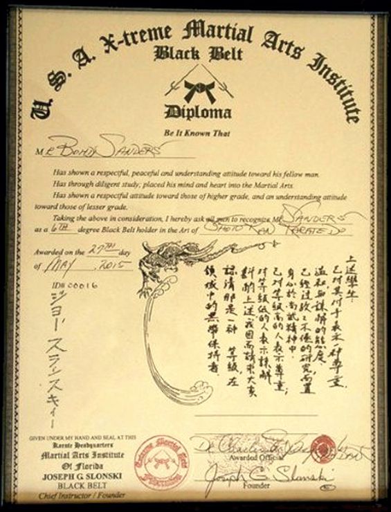 Bohdi Sanders 6th degree Black Belt certificate from Joseph Slonski