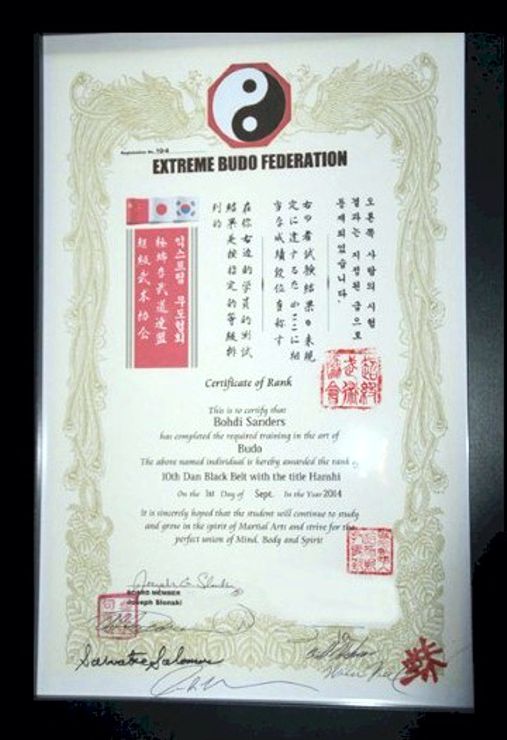 Bohdi Sanders 10th degree Black Belt from the Extreme Budo Federation Bohdi Sanders 10th degree Black Belt from the Extreme Budo Federation