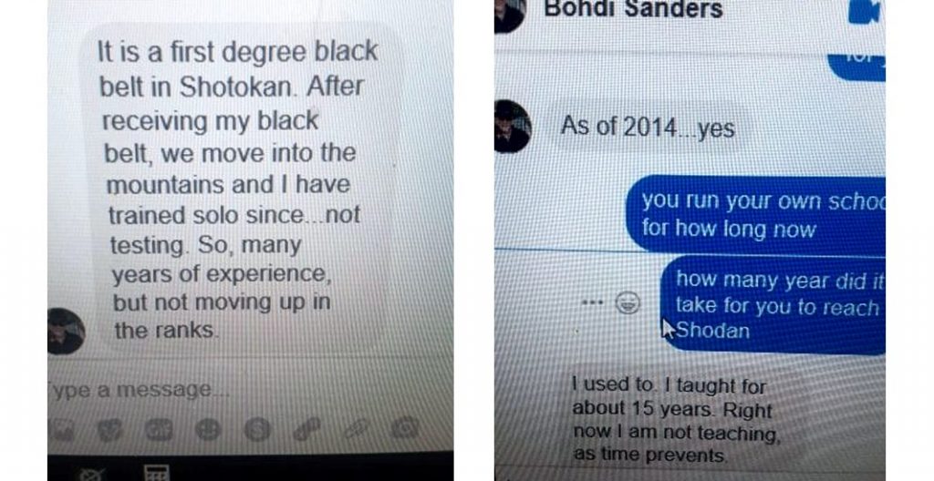 Image of private text where Sanders admits to only being a 1st dan as of 2014.