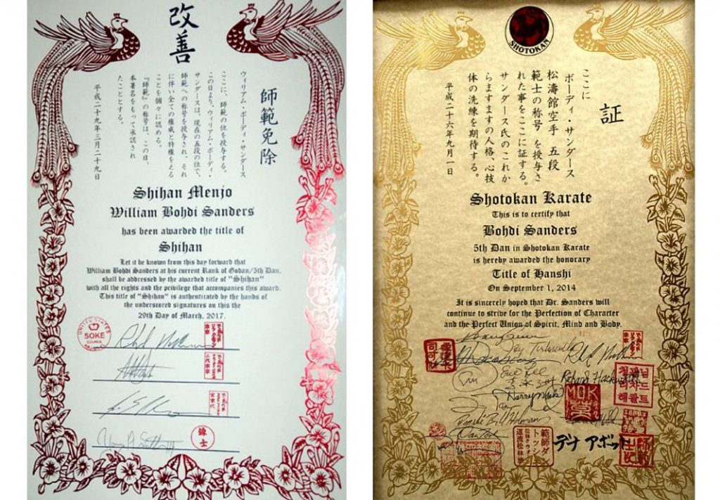 Bohdi Sanders Shihan and Hanshi Certificates Bohdi Sanders Shihan and Hanshi Certificates