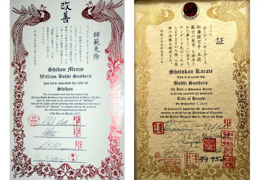 Bohdi Sanders Shihan and Hanshi Certificates