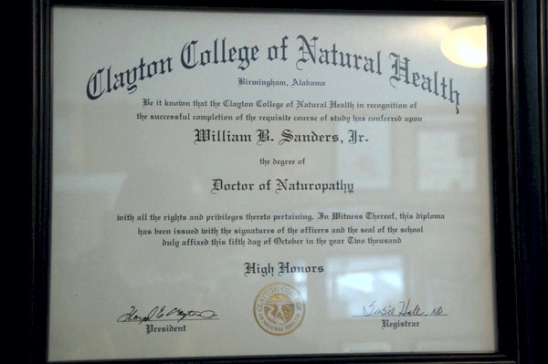 Bohdi Sanders Dr. of Naturopathy Certificate