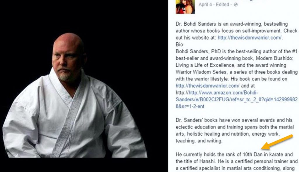 Screen shot from one of Sanders’ social media pages where he claims the title of Hanshi and 10th dan in his bio. There is no mention of it being “honorary.” Bohdi Sanders 10th Dan