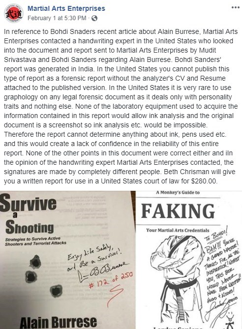 Martial Arts Enterprises' post about the fake handwriting analysis.