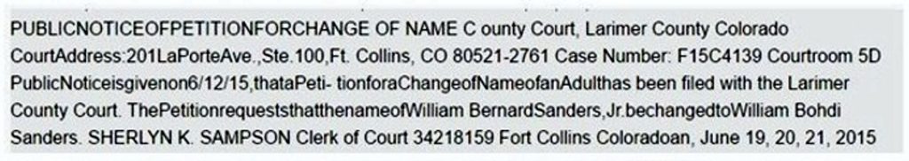 William Bernard Sanders changed his name legally to William Bohdi Sanders in 2015.